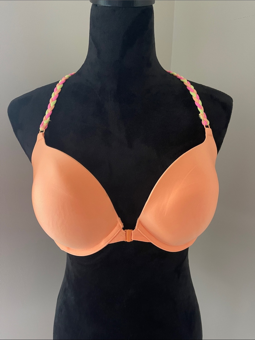 Victoria's Secret Peach Padded Front‑Closure Bra with Braided Neon Straps
